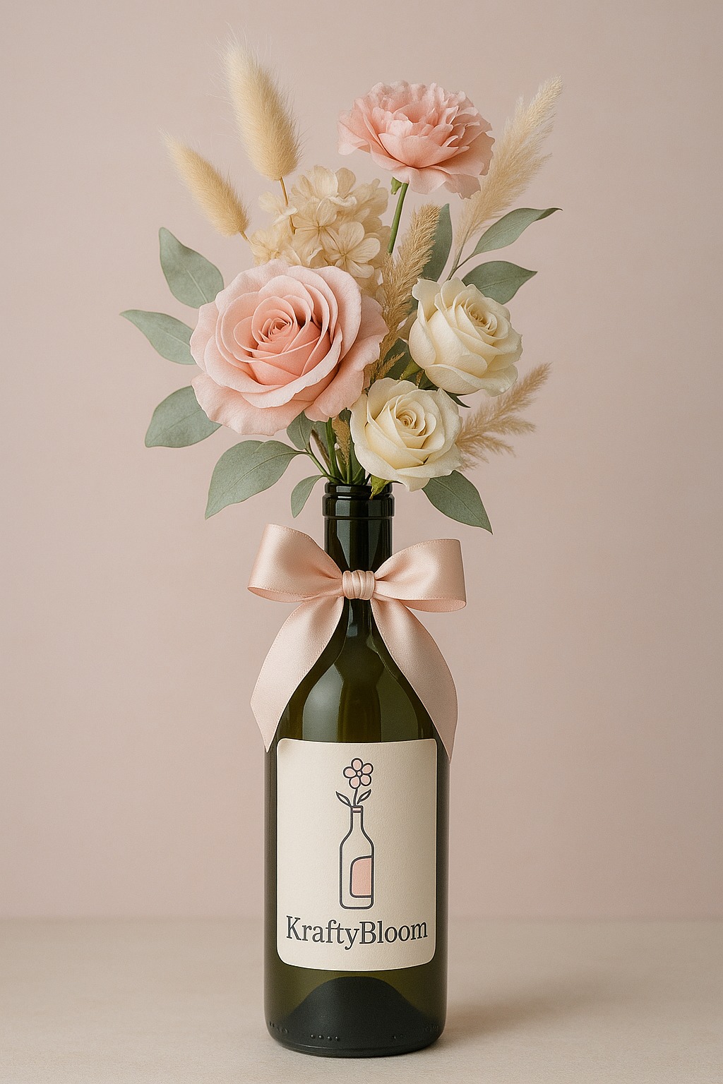 Decorated wine bottle with pastel flowers